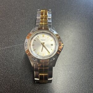 Vintage Fossil Watch PR-5340 Mens Silver and Gold Tone Needs Battery